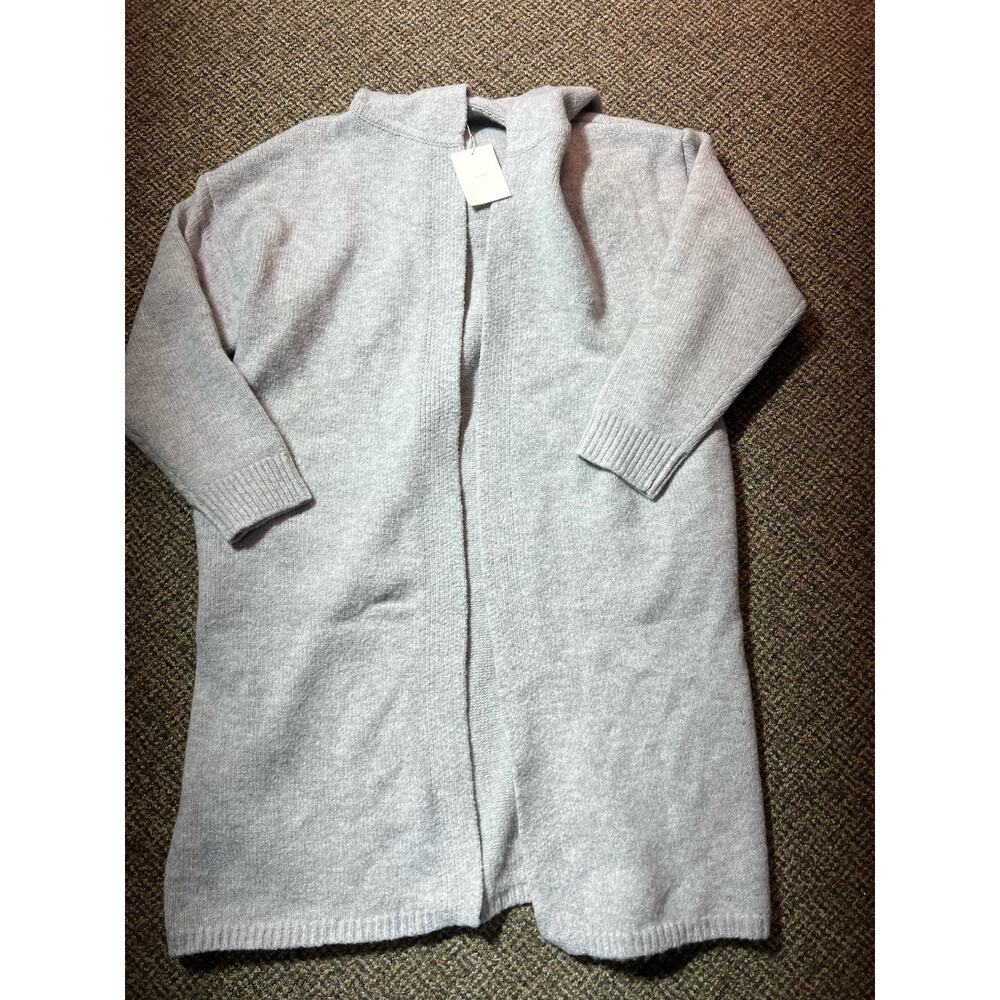 Oak + Fort Open Front Long Cardigan, Long-Sleeve With Hood, Heather Gray Medium